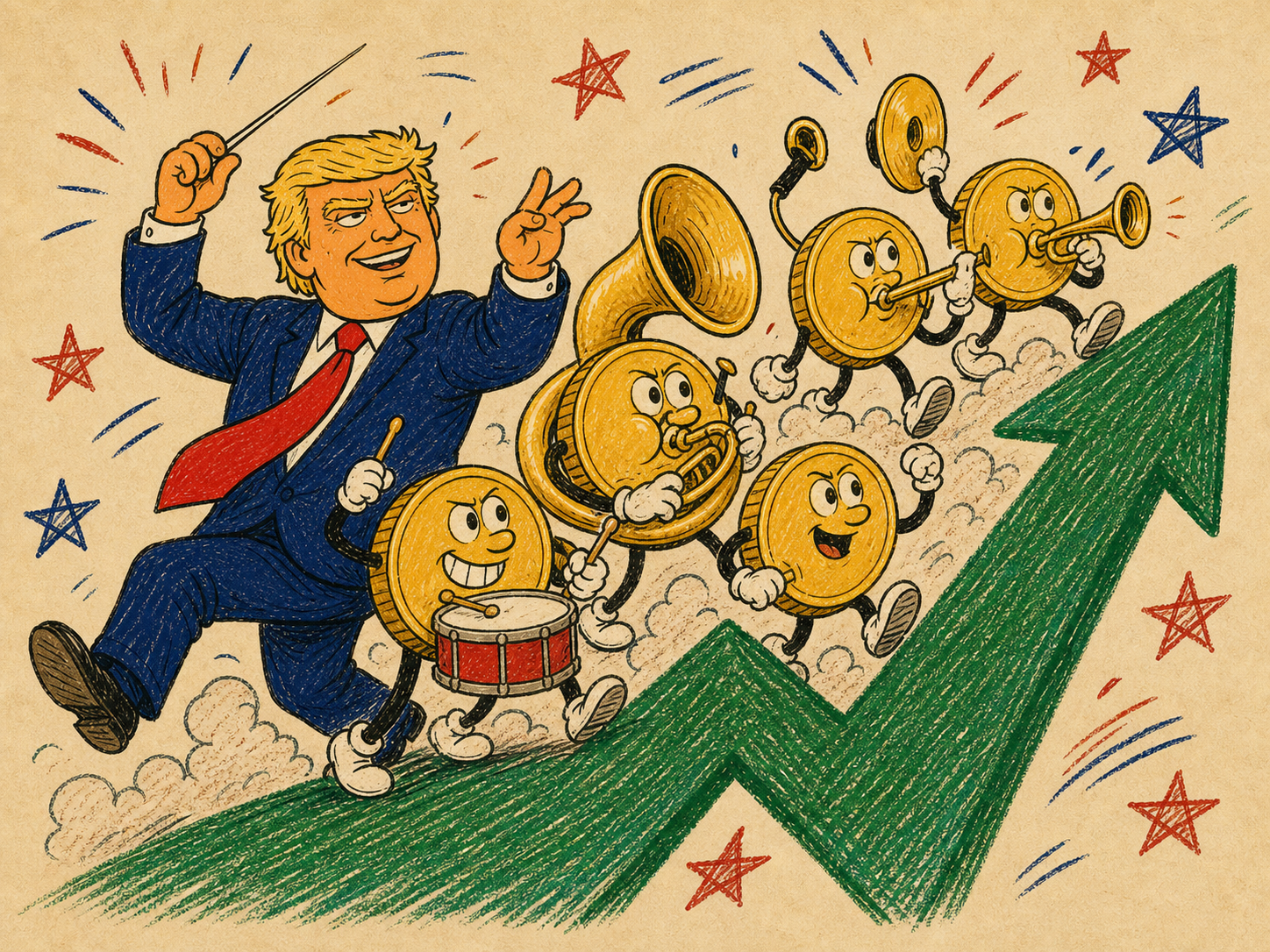 FOMOTRUMP leading a marching band of coin characters up a green arrow
