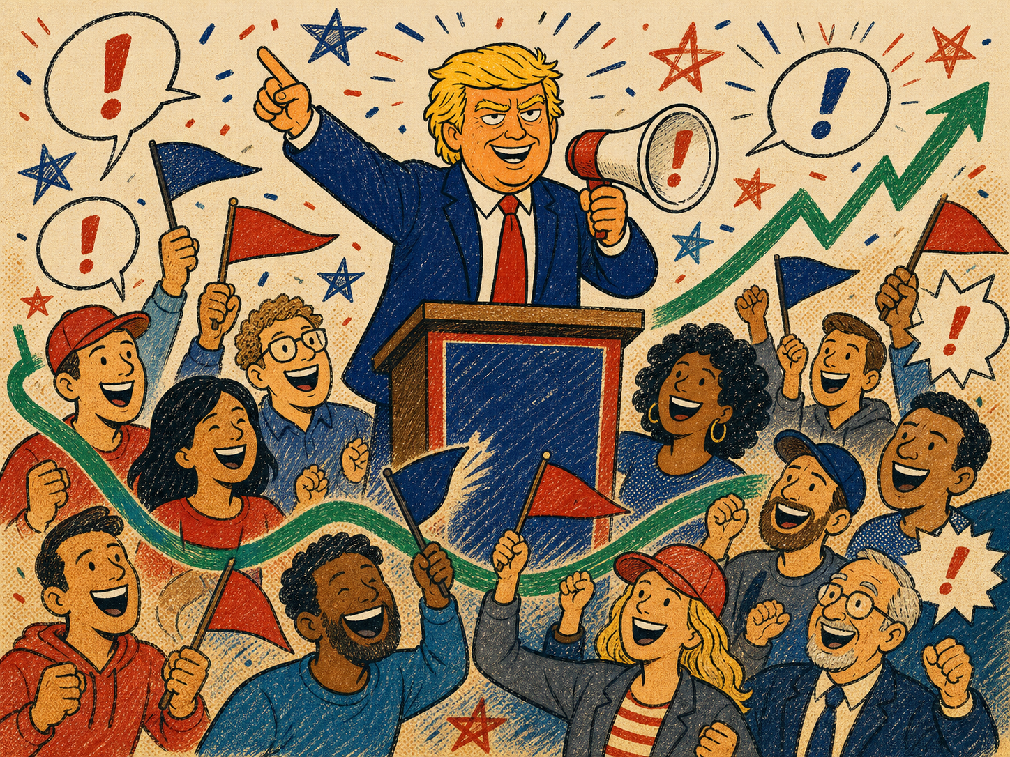 FOMOTRUMP speaking to a cheerful community waving colorful pennants