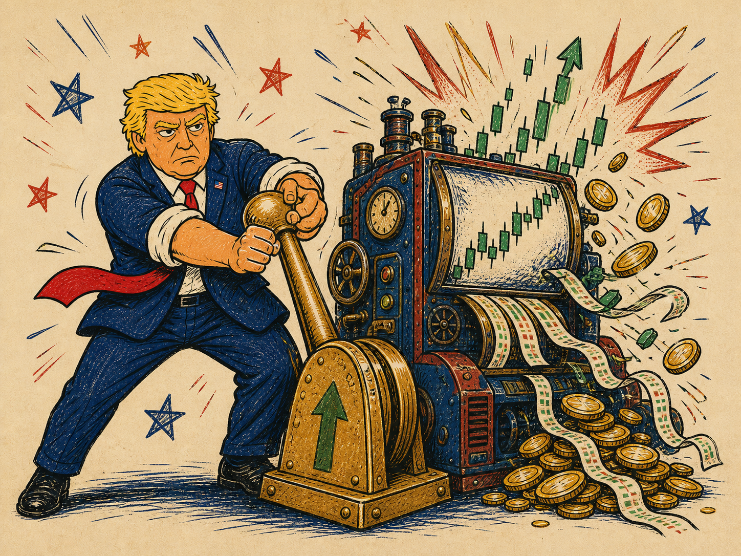 FOMOTRUMP mascot pulling the lever on a roaring market machine