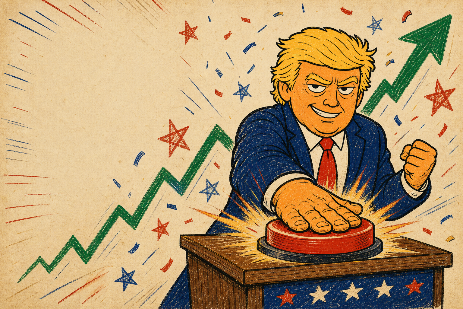 FOMOTRUMP mascot smashing a giant buy button as a chart rises