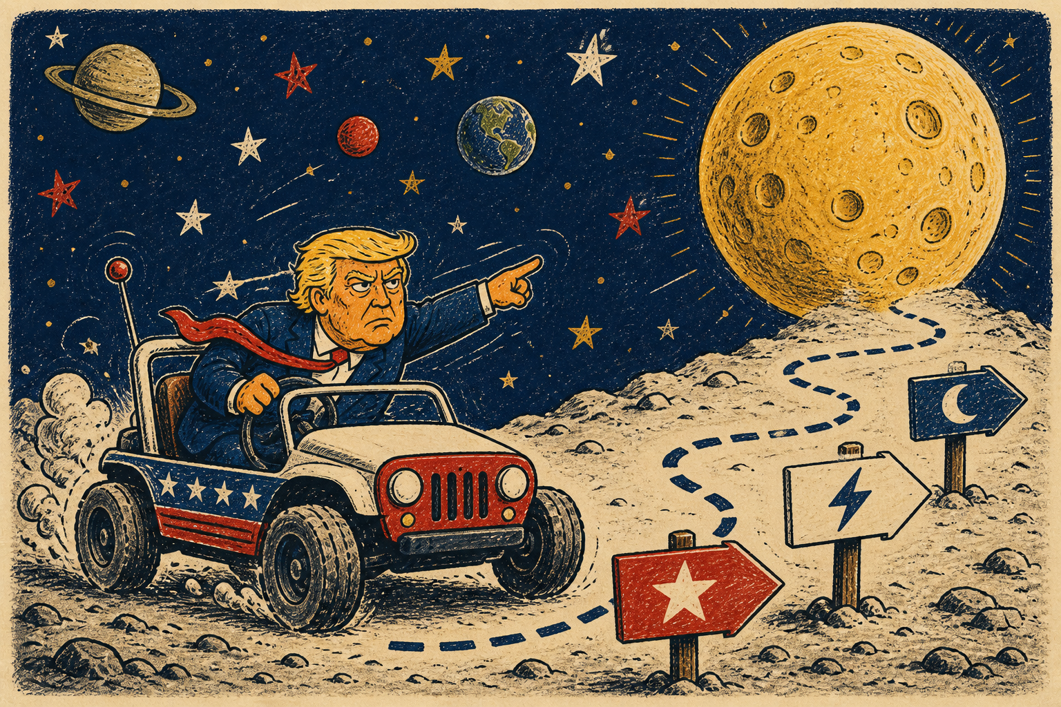 FOMOTRUMP driving a moon buggy along a hand-drawn roadmap